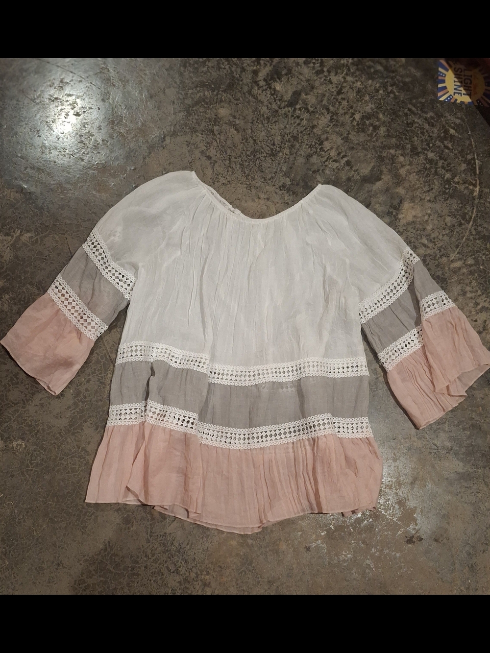 Boho Tiered Peasant Tunic with Crochet Trim - White, Taupe & Blush - Picture 2 of 9